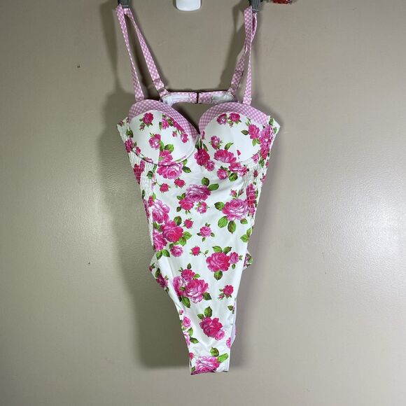 Betsey Johnson Swimsuit Womens Large Pink Floral Smocked Underwire Love Always - Picture 2 of 13